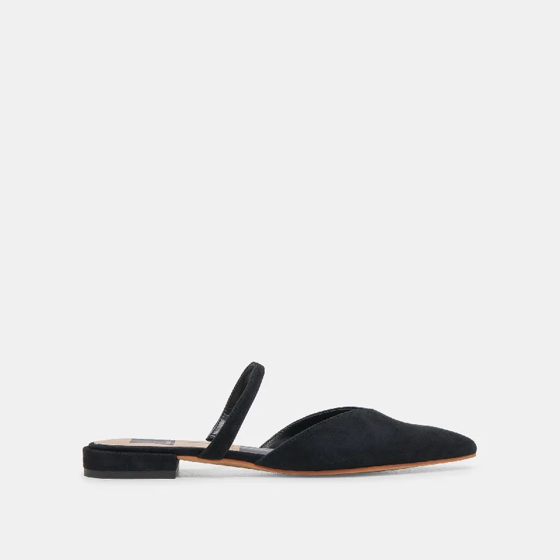 Women's Ankle Strap Mules in Navy Blue with Rhinestone Embellishments for a Sparkly Look KANIKA WIDE FLATS ONYX SUEDE Women's Ankle Strap Mules in Navy Blue with Rhinestone Embellishments for a Sparkly Look KANIKA WIDE FLATS ONYX SUEDE