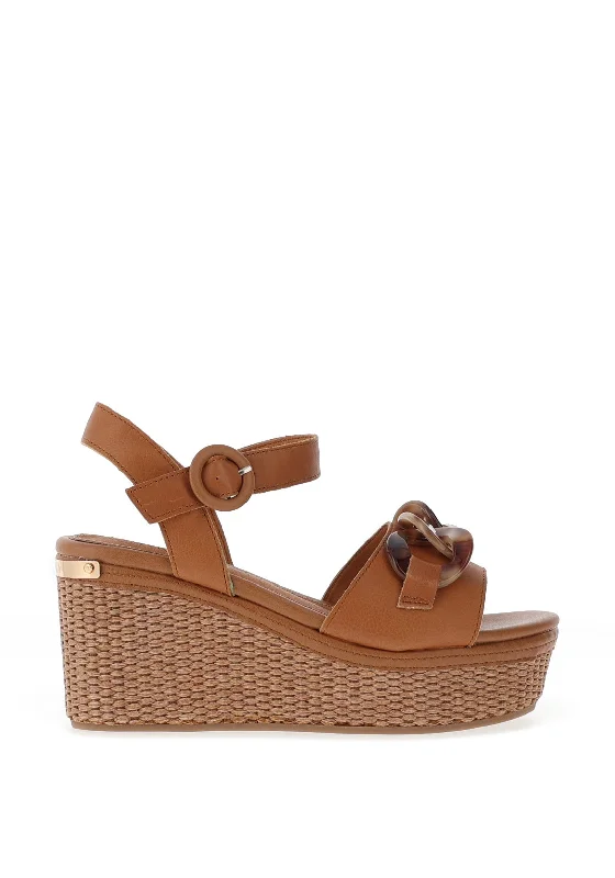 Carmela Leather Woven Wedged Sandals, Camel