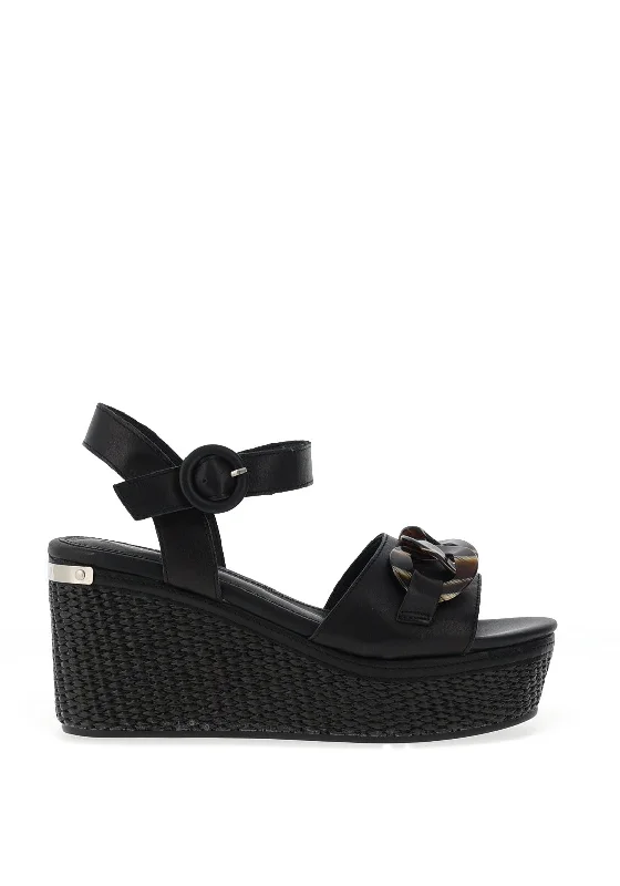 Carmela Leather Woven Wedged Sandals, Black