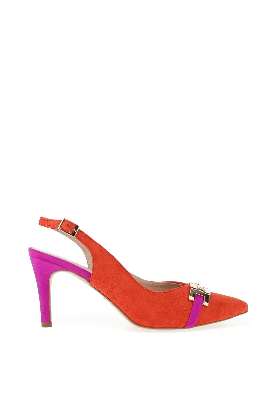 Emis Suede Leather Colour Block Heeled Shoes, Orange & Fuchsia