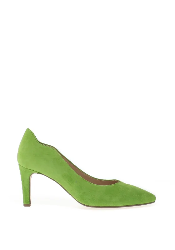 Gabor Suede Scallop Trim Pointed Court Shoes, Granny Green