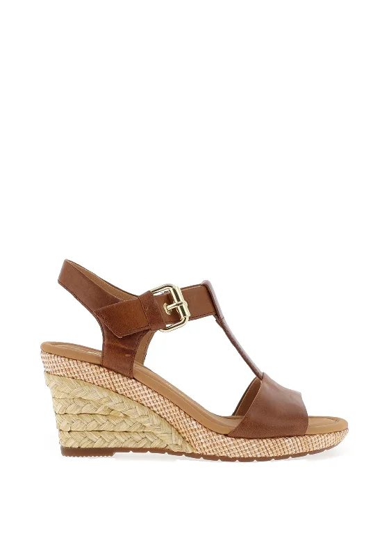 Gabor Leather Buckle T Bar Wedge Sandals, Peanut