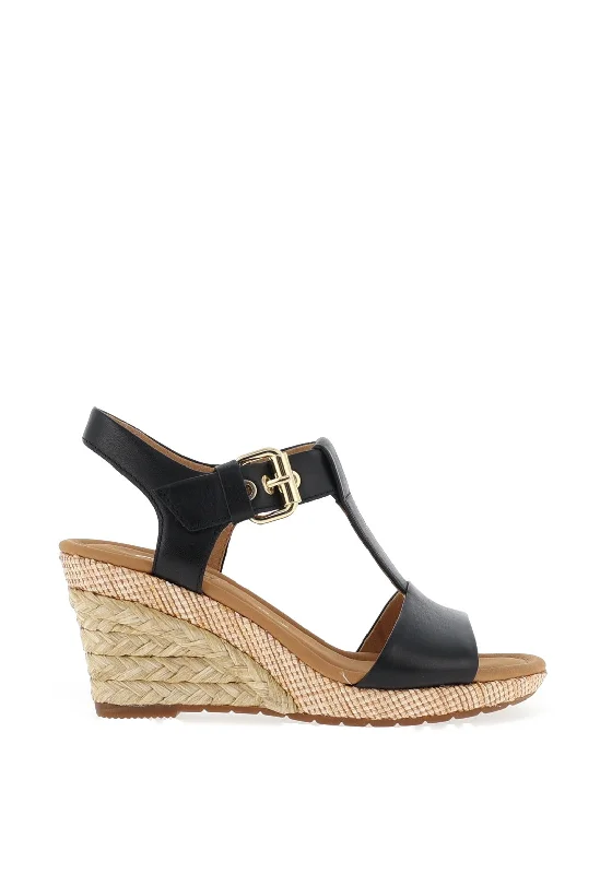 Gabor Leather Buckle T Bar Wedge Sandals, Black