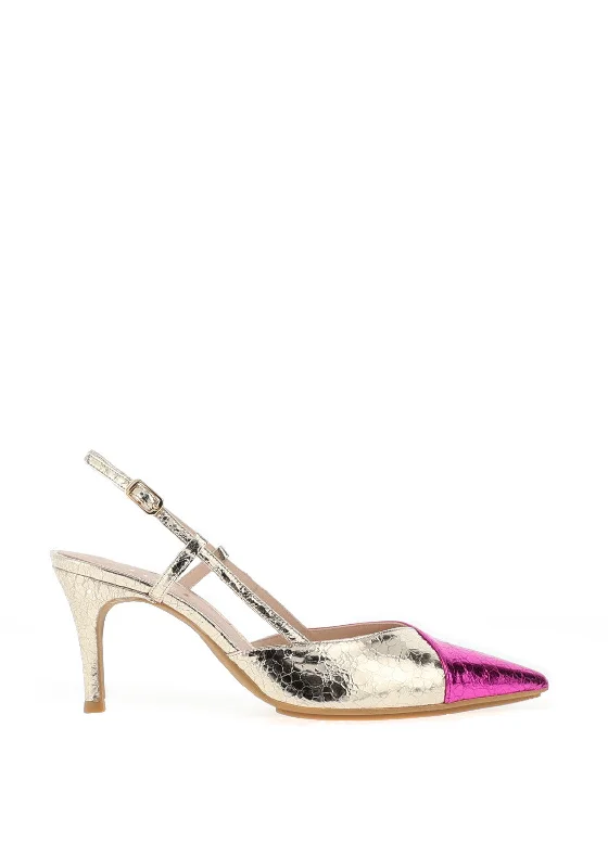 Lodi Elati Chrome Cracked Leather Heeled Shoes, Gold & Fuchsia