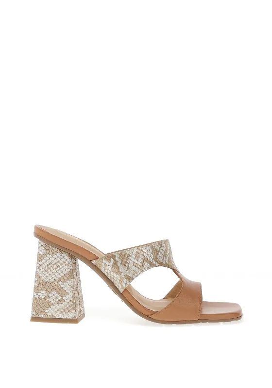 Lodi Leather Snake Skin Block Heel Mules, Softy Camel