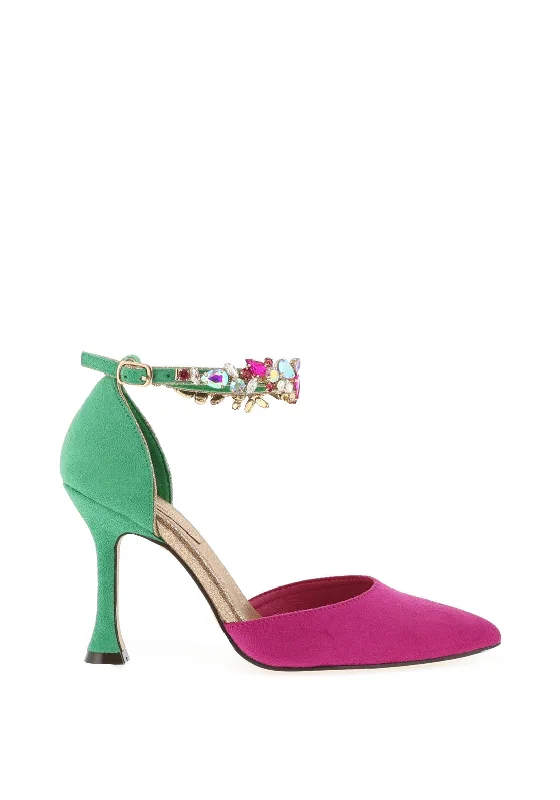 Menbur Embellished Ankle Strap Heeled Court Shoes, Fuchsia & Green