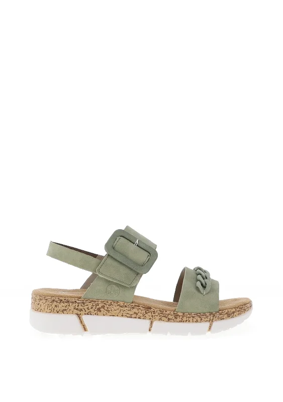 Rieker Womens Faux Buckle Wedged Sandals, Khaki