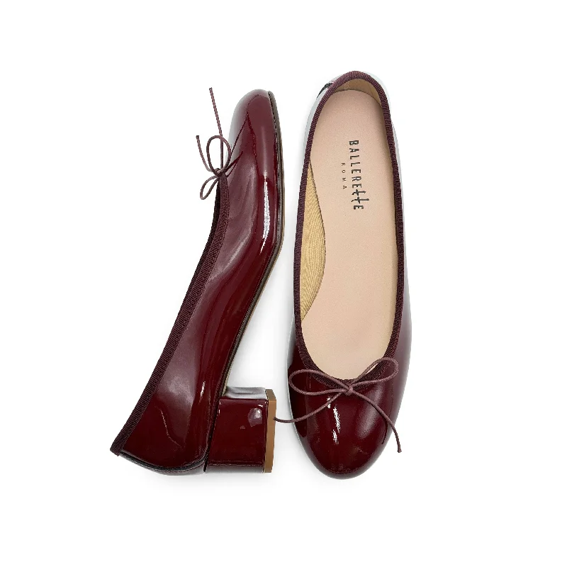 Burgundy patent leather ballet flats with heel