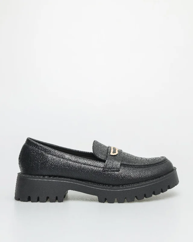 Tomaz NN294 Ladies Gold Buckle Loafers (Black)