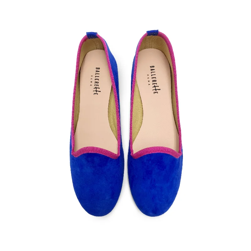 Women loafers in blue suede and fuchsia details