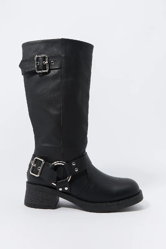 Faux Leather O-Ring Buckled Boots