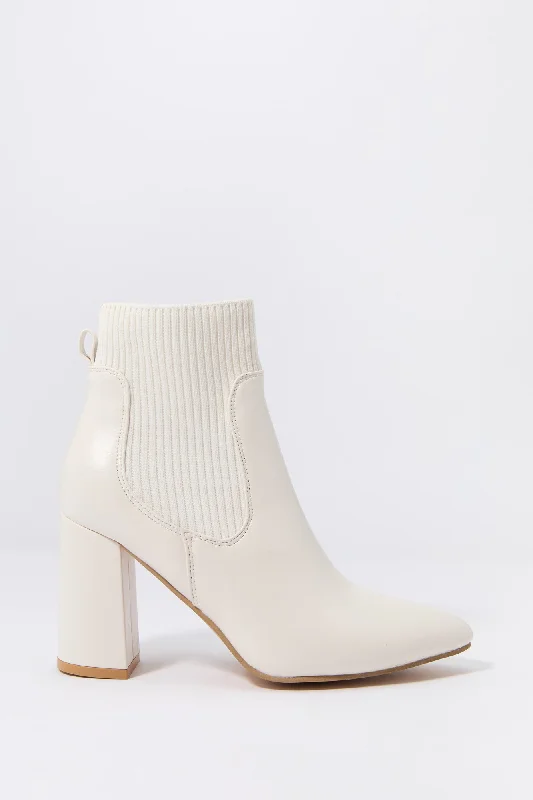 Faux Leather Ribbed Knit Heeled Boot