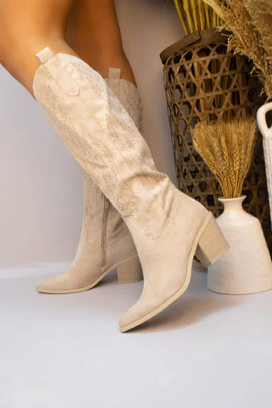 Beige Faux Suede Western Style Knee High Cowboy Boot