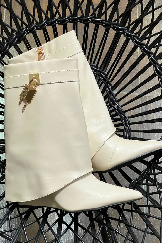 BEIGE PU FOLDED OVER WEDGE ANKLE BOOTS