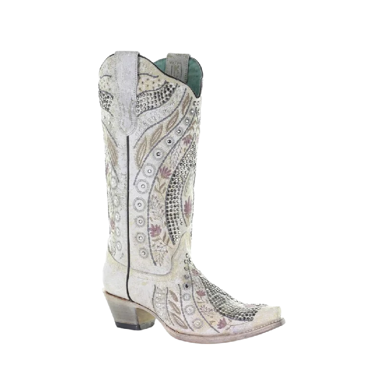 Corral Boots Women's White Floral Embroidery Studs Boots