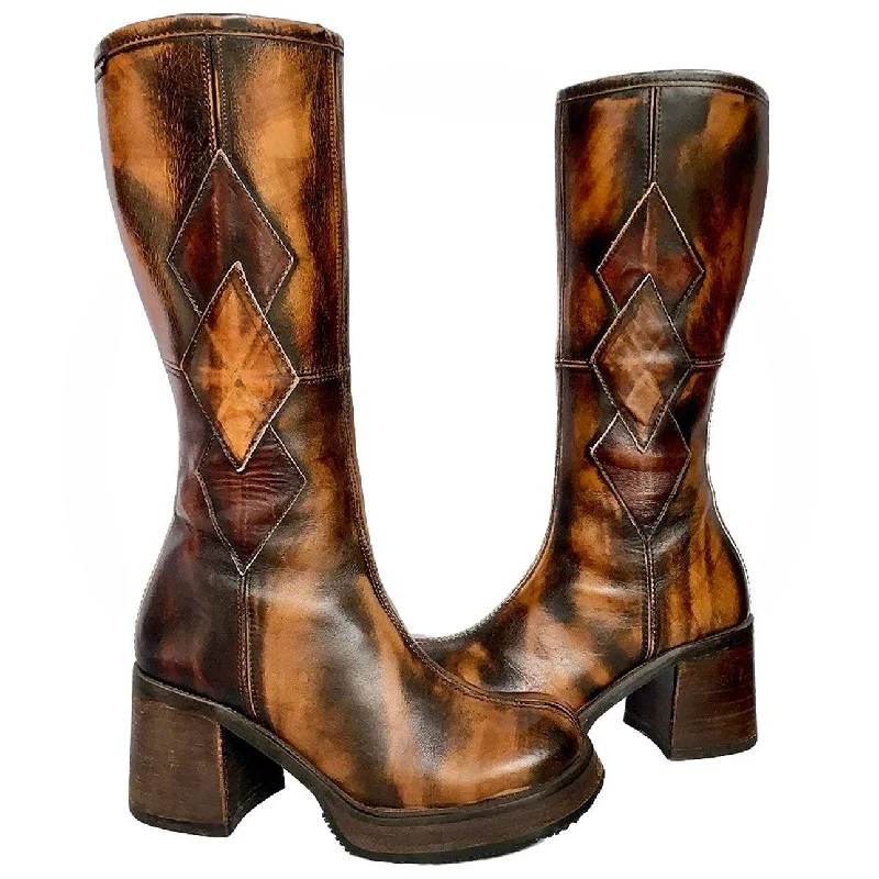 DESTROY Vintage Y2K Platform Chunky Sole Diamond Patchwork Tall Brown Leather Boots