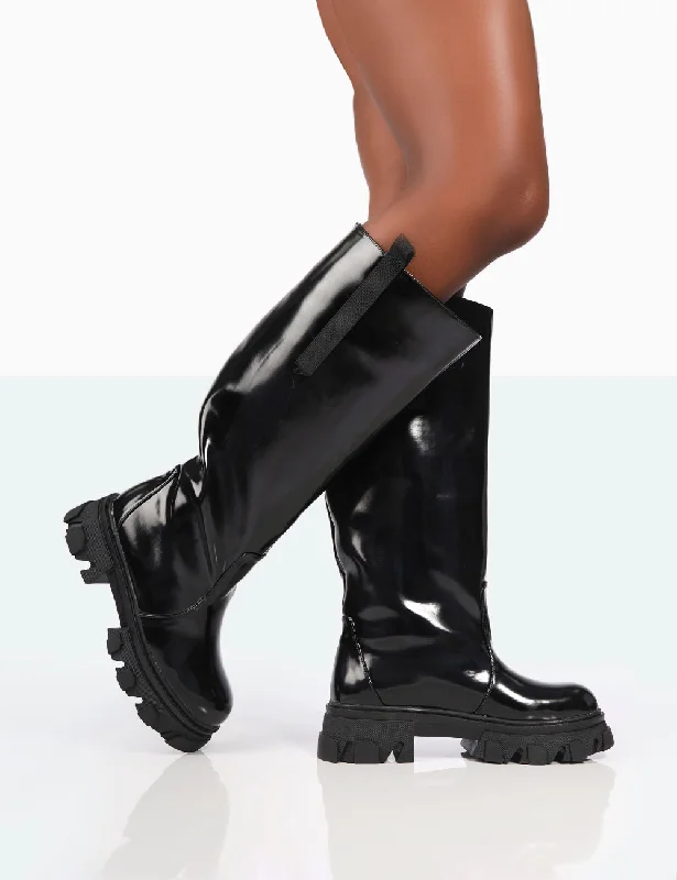 Genius Wide Fit Black Box Patent Knee High Chunky Sole Boots