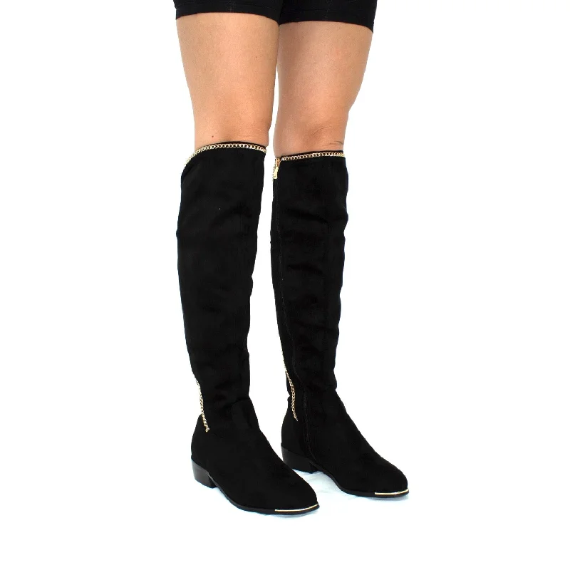 Jodie - Black Faux Suede with Gold Trim & Chain Detail Knee High Boots