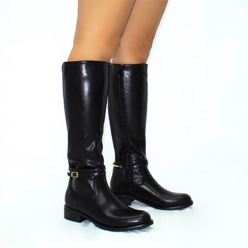 Joni - Black Faux Leather Gold Buckle Detail Flat Knee High Boots