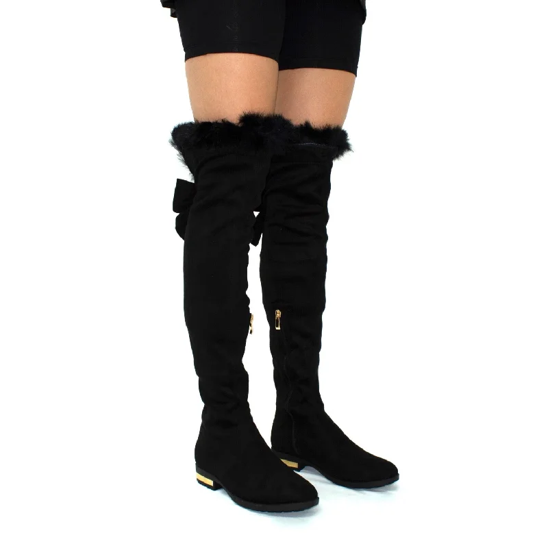 Kehlani- Black Faux Suede Bow Detail Thigh-High w- Gold Tie-Up Fluff Trim Boots