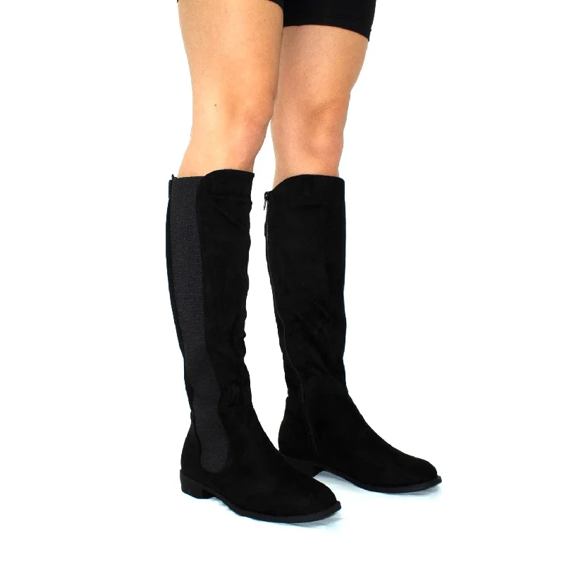 Kellie - Black Faux Suede with Lycra Stretch Gusset Knee High Boots