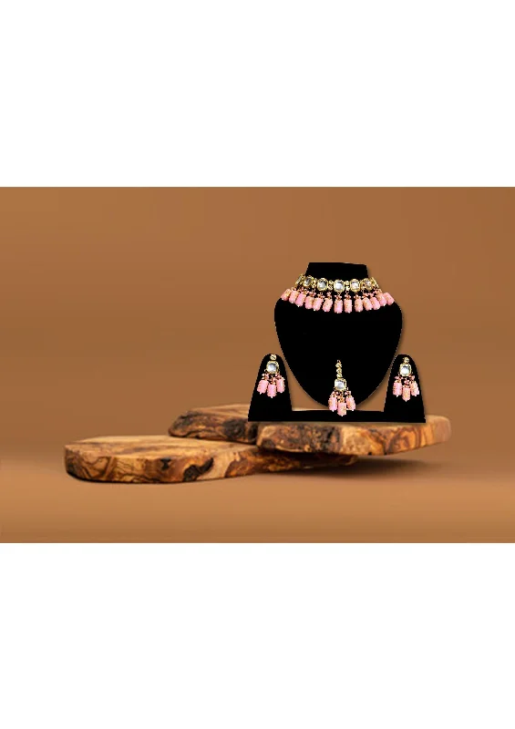 Gold Plated Pink Kundan Necklace Set