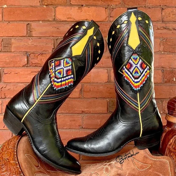 LARRY MAHAN Rare Vintage Aztec Beaded Fringe Black Leather Cowboy Western Boots