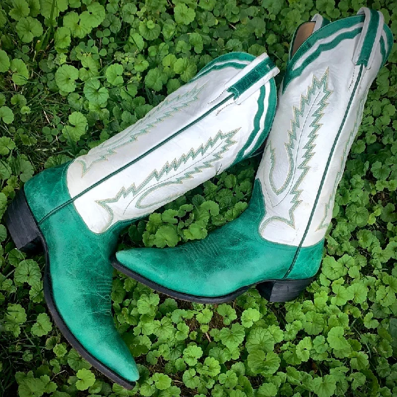 LARRY MAHAN Vintage Green White Leather Mid-Calf Cowgirl Cowboy Western Boots