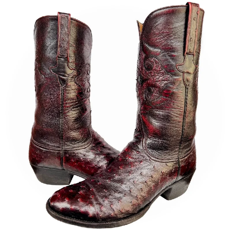 LUCCHESE Vintage Classics Handmade Ostrich Exotic Black Cherry Cowboy Western Boots