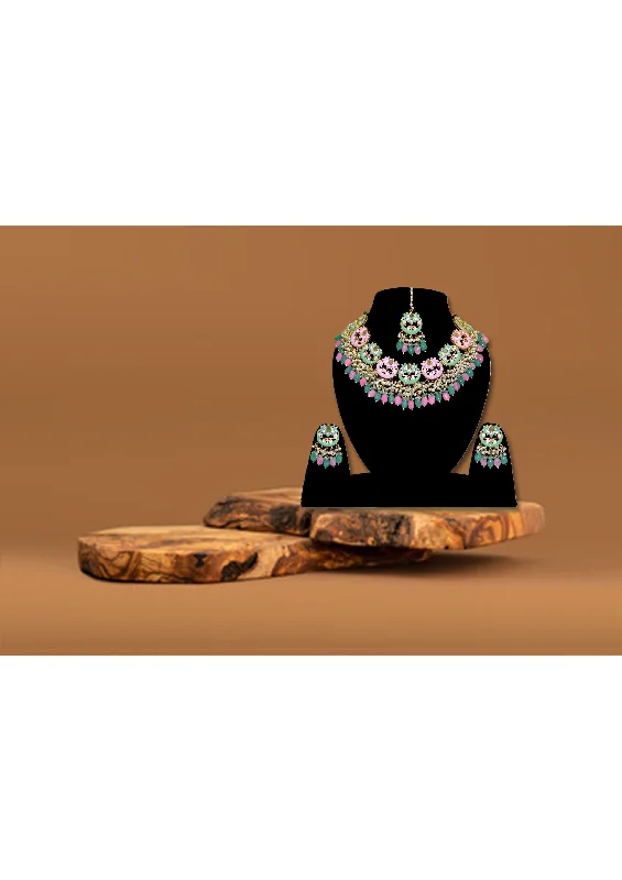 Green Pink Meenakari Alloy And Bead Necklace set