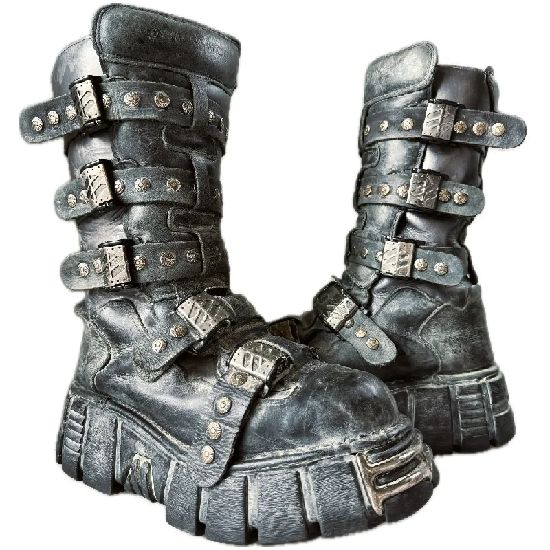 NEW ROCK Vintage Platform Buckle Black Biker Motorcycle Boots