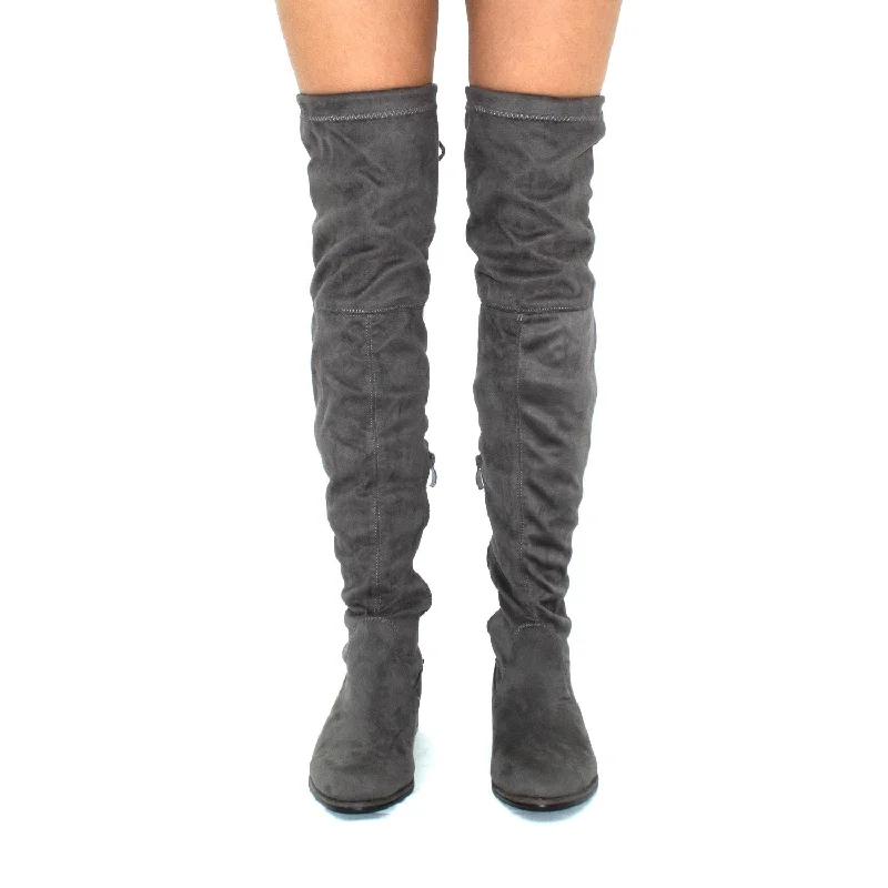 Ray - Grey Faux Suede Zip Tie Up Thigh High Boots