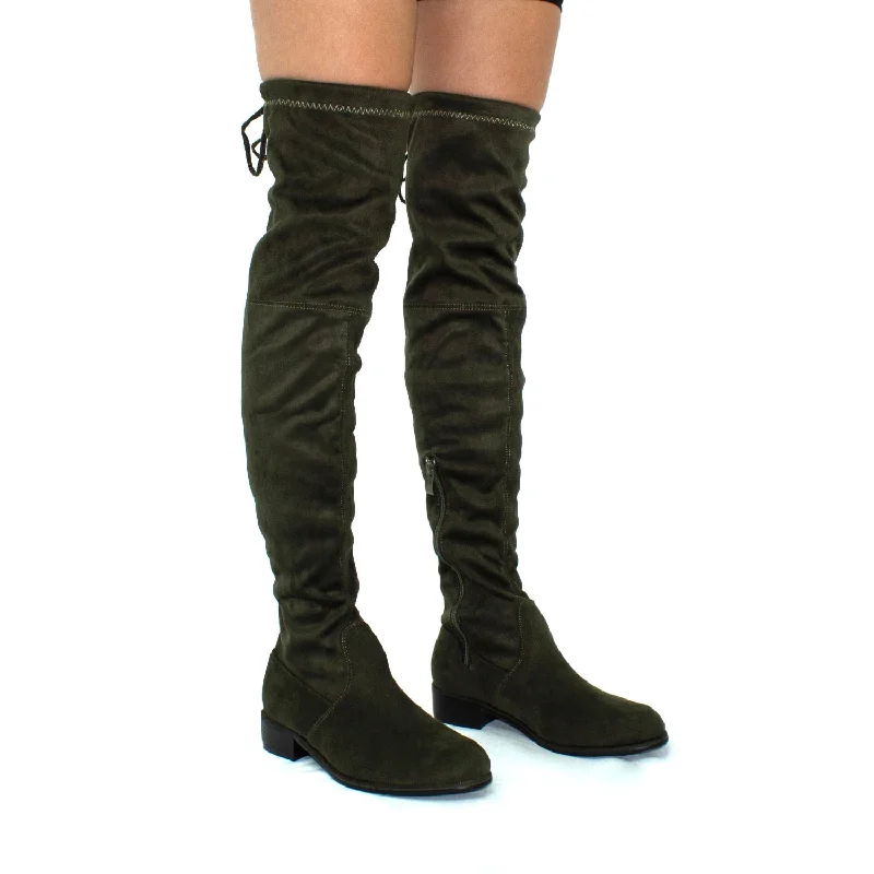 Ray - Khaki Faux Suede Zip Tie Up Thigh High Boots