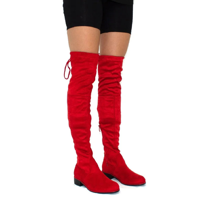 Ray - Red Faux Suede Zip Tie Up Thigh High Boots