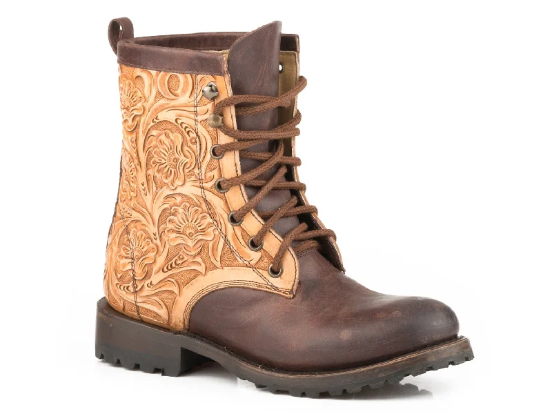 Stetson Womens Brown Leather Lennon Combat Tooled Ankle Boots