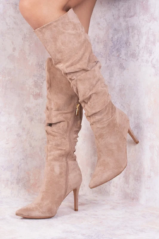 Taupe Ruched Pointed Toe Stiletto High Heel Knee High Boots