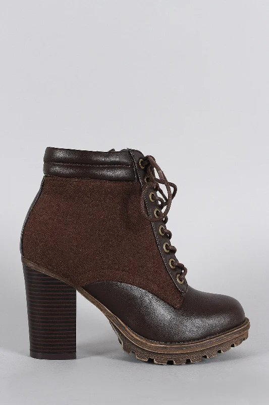 Bamboo Wool Sides Lace Up Lug Sole Ankle Boots