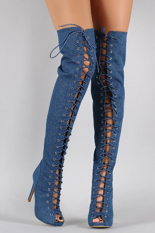 Denim Corset Lace Up Peep Toe Stiletto Over-The-Knee Boots