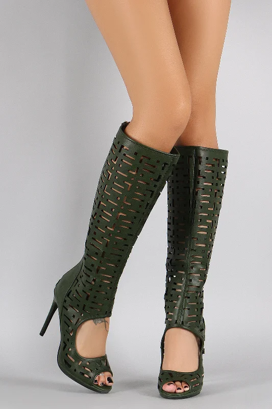 Geometric Cutout Peep Toe Stiletto Knee High Boots