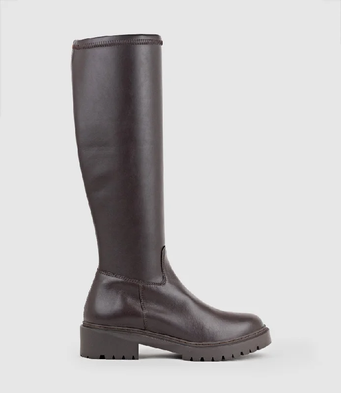 VAUGHT Stretch Knee High Boot in Brown