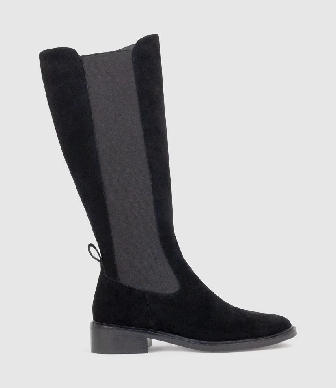 VITAL30 Knee High Boot with Gusset in Black Suede