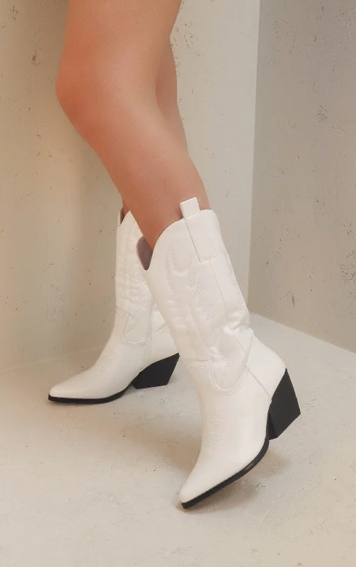 White PU Leather Western Style Knee High Cowboy Boot